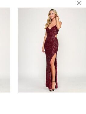 Katia Rae Sequined Burgundy Slit Evening Gown